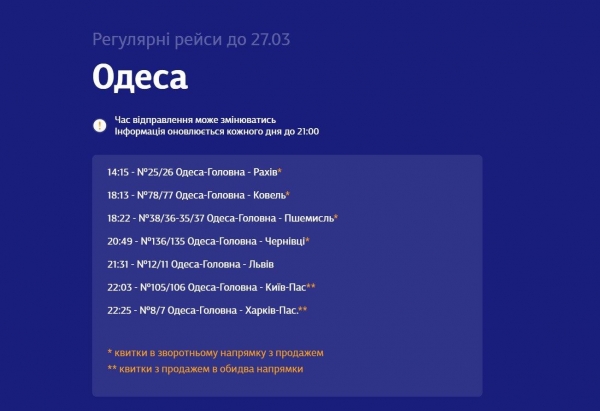 Как будут ходить поезда из Одессы до 27 марта: график